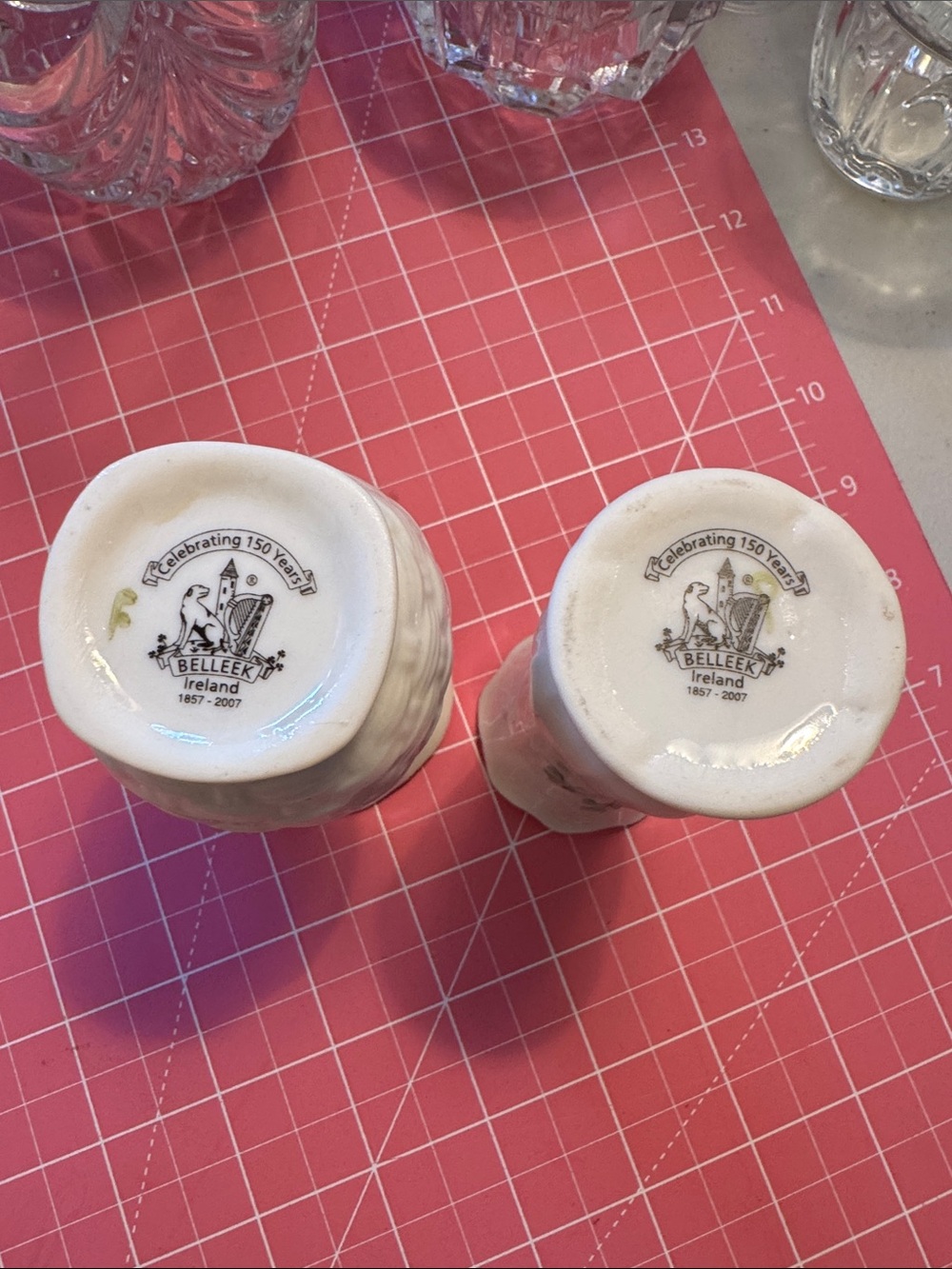 Belleek White Ceramic Bud Vases with Green Clover Accents - Pair - Picture 3 of 6